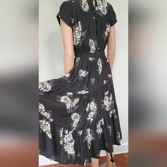 FREE PEOPLE RUFFLE FRILL BELTED FLORAL CAP SLEEVES BUTTONS MIDI DRESS SZ.4 - Picture 12 of 15